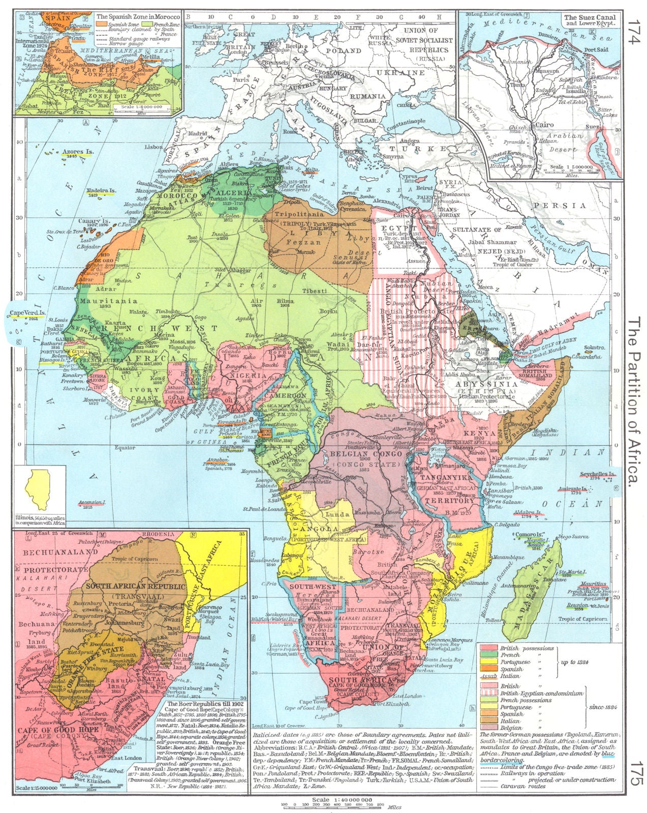 PARTITION OF AFRICA. Spanish Zone Morocco; Suez Canal; Boer Republic 1956 map